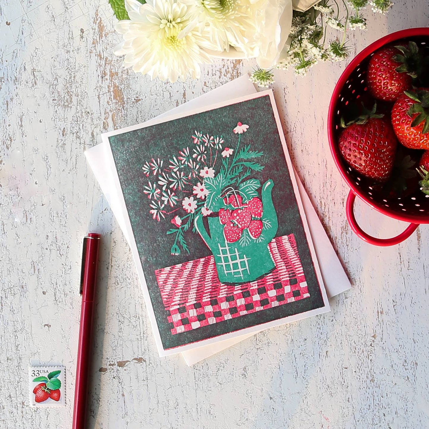 Strawberry Bouquet Letterpress Card -Boxed Set of 6