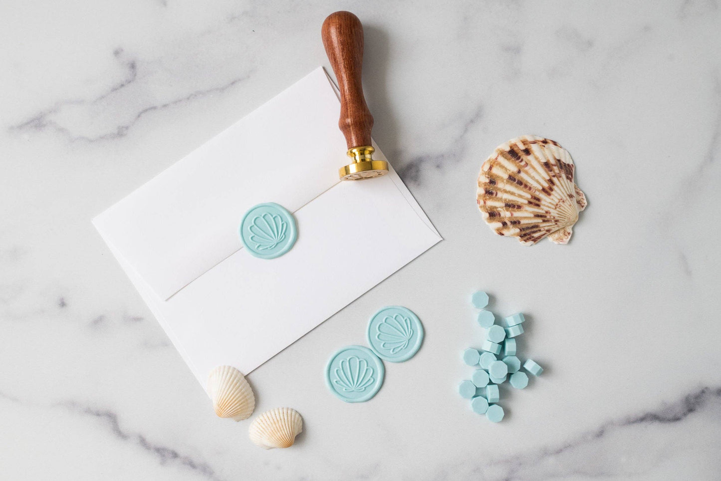 Seashell Wax Seal Stamp Kit: Robins Egg / Jar of Sealing Wax Beads