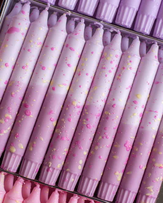 Taper candles - two-colored with decorations lavender