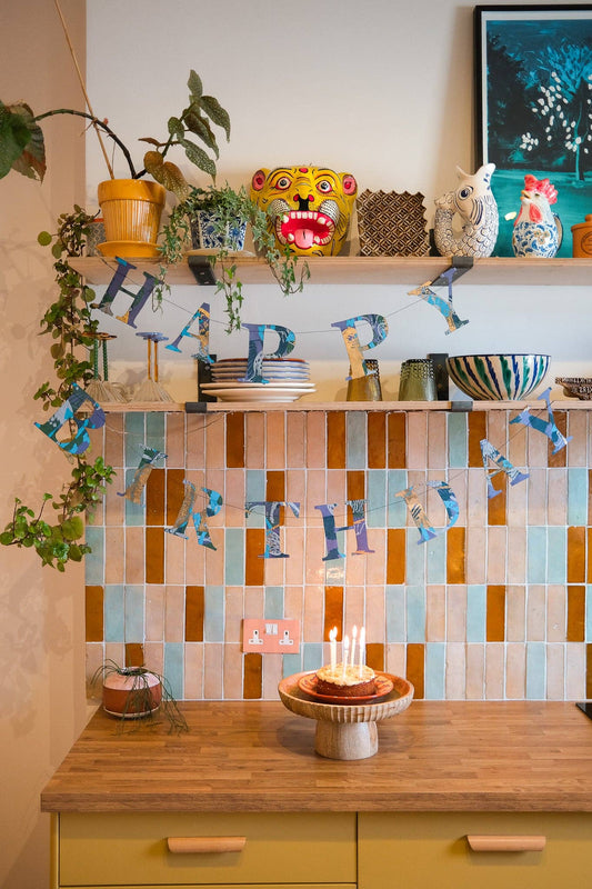 Happy Birthday - Recycled Blue Mix Sewn Garland