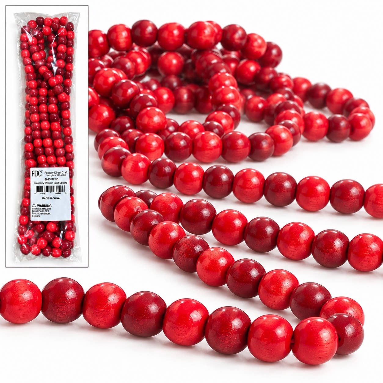 Cranberry Wood Bead Garland - 10 Feet Long