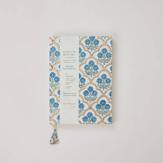 Block Printed Ruled Notebook (A5) - Trellis Indigo