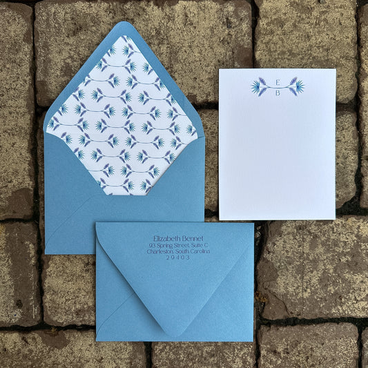 Personalized Stationery - Palm Resort - Dusy Blue and Grape