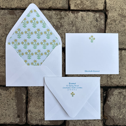 Personalized Stationery - Floral Block Print - Light Blue + Spring Green