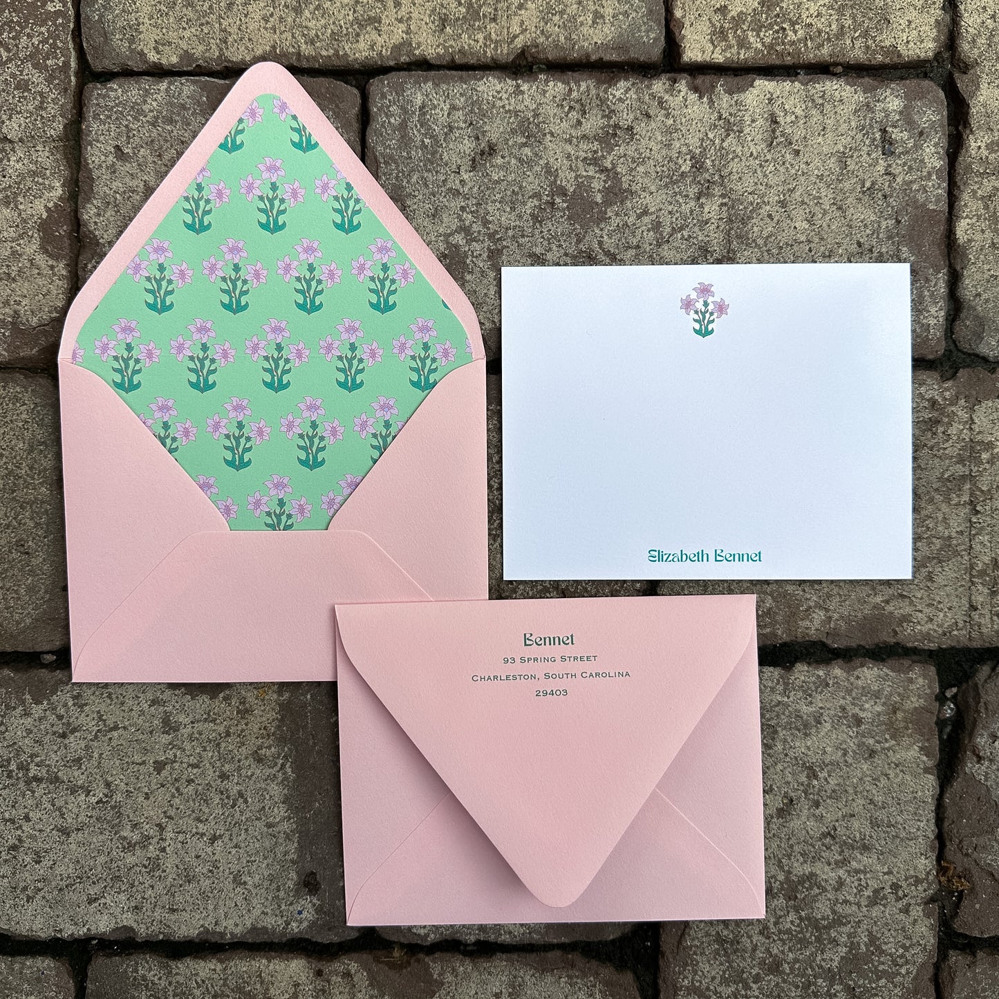 Personalized Stationery - Floral Block Print - Flamingo and Sea Foam