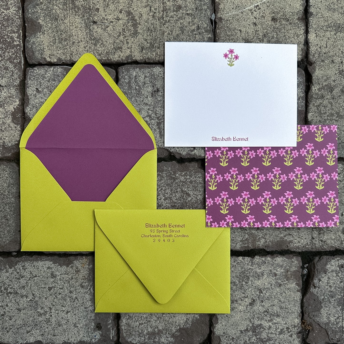 Personalized Stationery - Floral Block Print - Charteuse and Cranberry