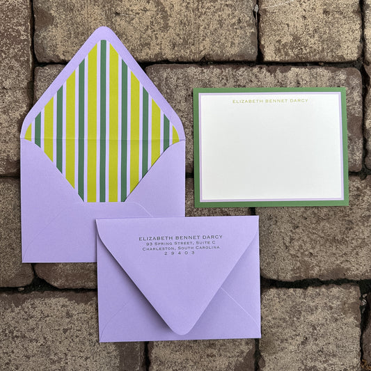 Personalized Stationery - Charleston Stripe - Lavender and Chartreuse