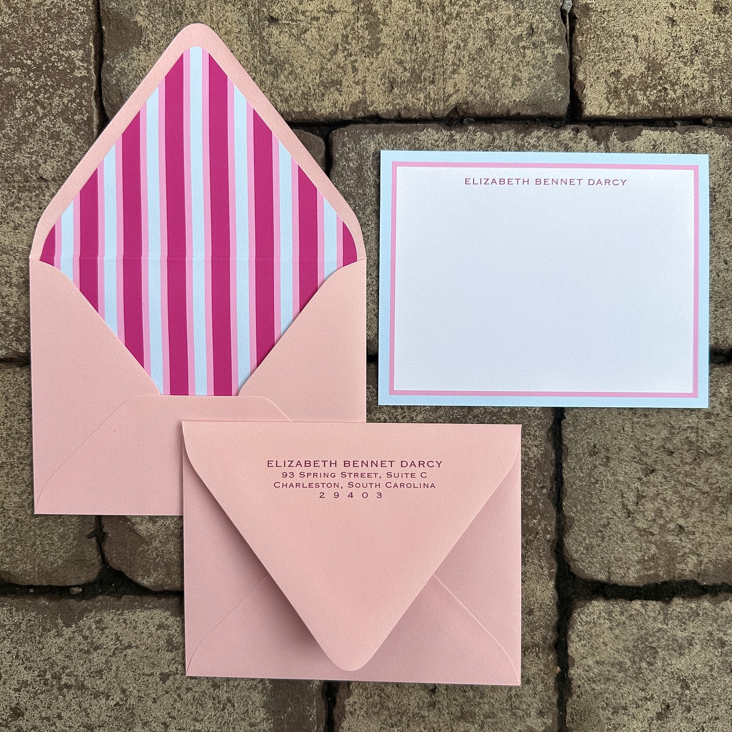 Personalized Stationery - Charleston Stripe - Cranberry and Flamingo
