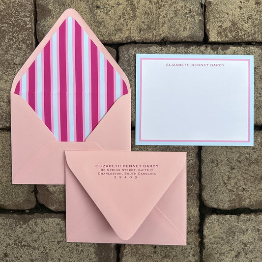 Personalized Stationery - Charleston Stripe - Cranberry and Flamingo