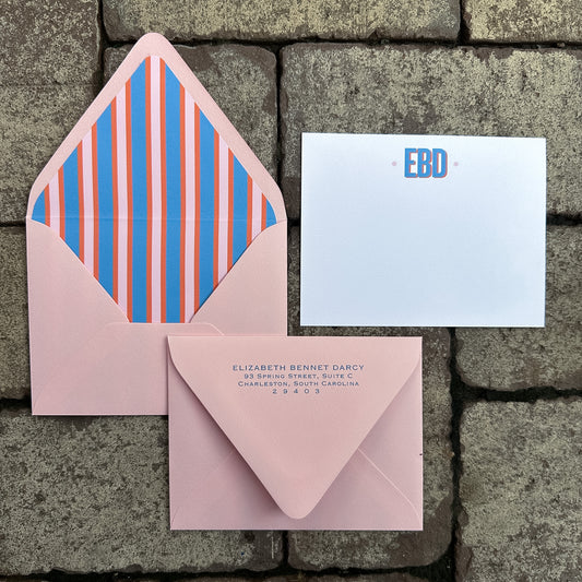 Personalized Stationery - Charleston Stripe - Dusty Blue and Flamingo