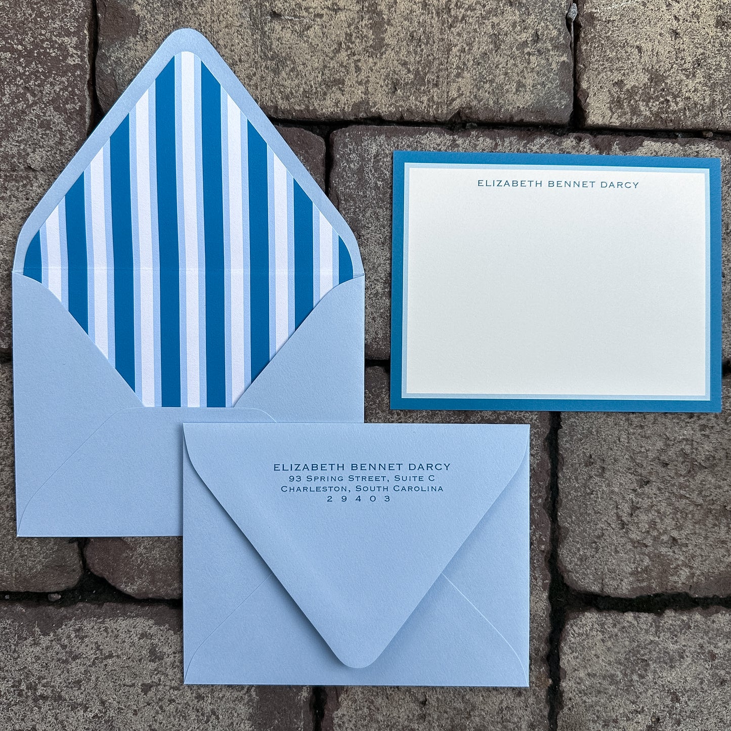 Personalized Stationery - Charleston Stripe - Sky Blue and Navy
