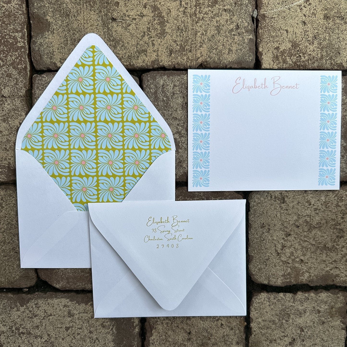 Personalized Stationery - Retro Floral - Chartreuse and Sky Blue