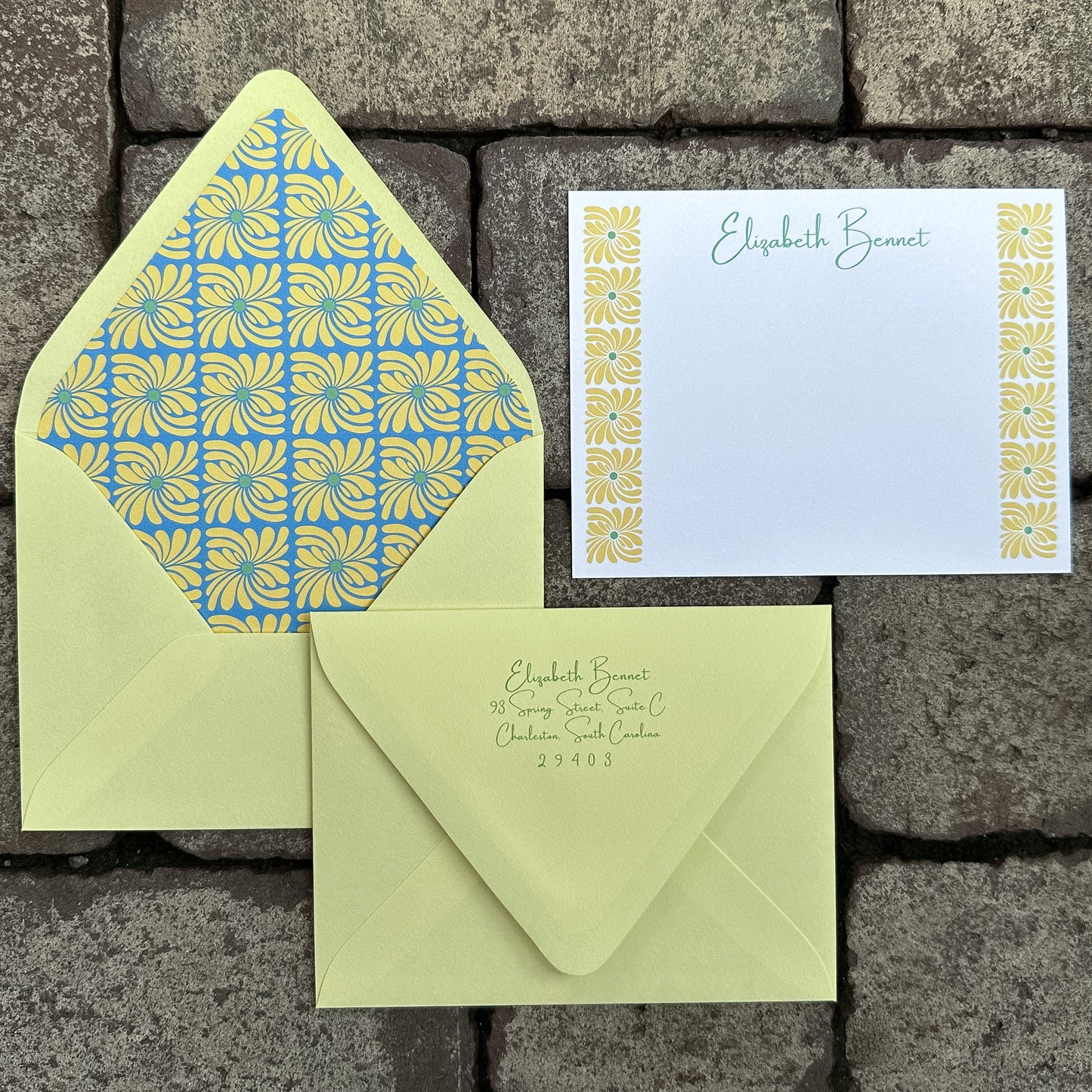 Personalized Stationery - Retro Floral - Dusty Blue and Golden Hour