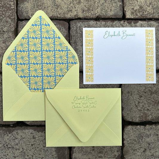 Personalized Stationery - Retro Floral - Dusty Blue and Yellow