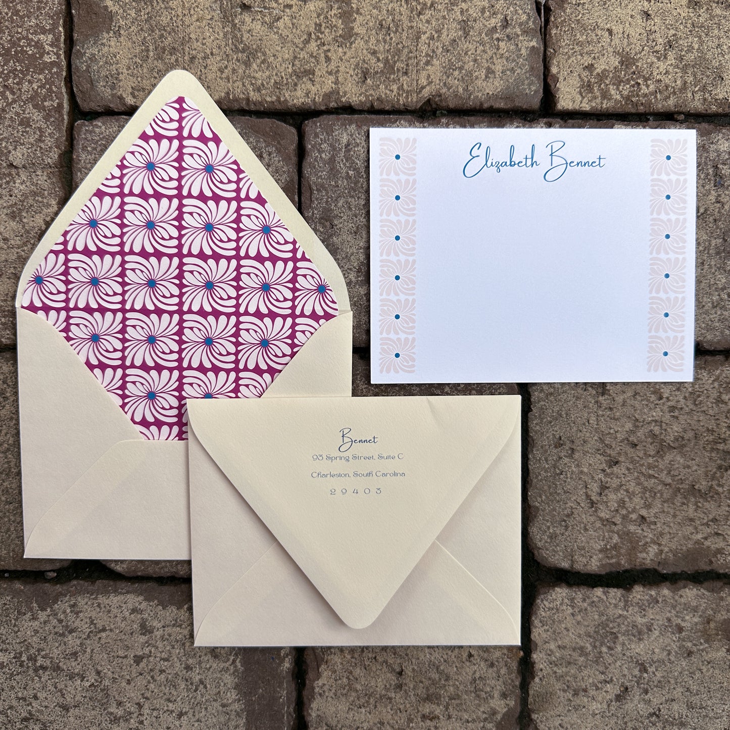 Personalized Stationery - Retro Floral - Cranberry and Blush