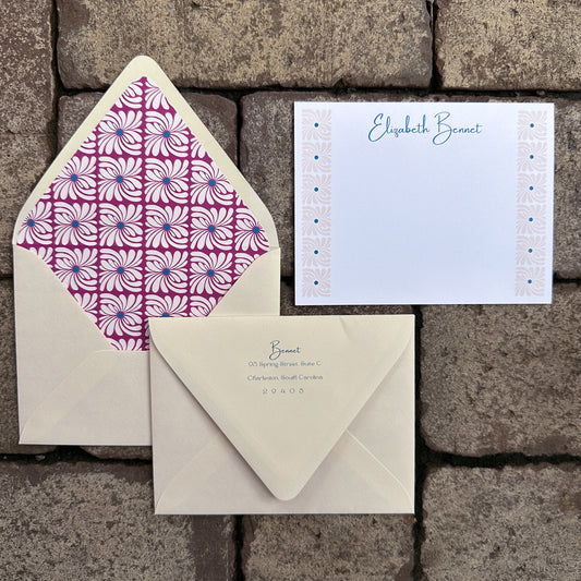 Personalized Stationery - Retro Floral - Cranberry and Blush
