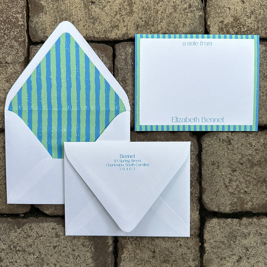 Personalized Stationery - Duo Stripe - Dusty Blue and Sea Foam