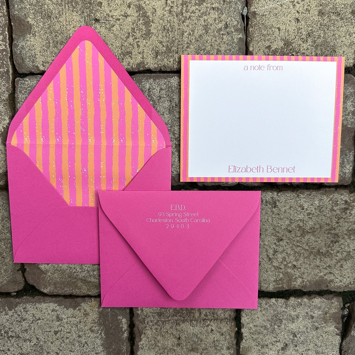 Personalized Stationery - Duo Stripe - Magenta and Orange