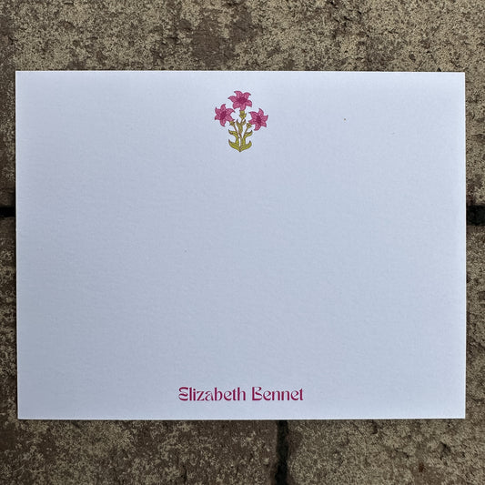 Personalized Stationery - Floral Block Print - Charteuse and Cranberry