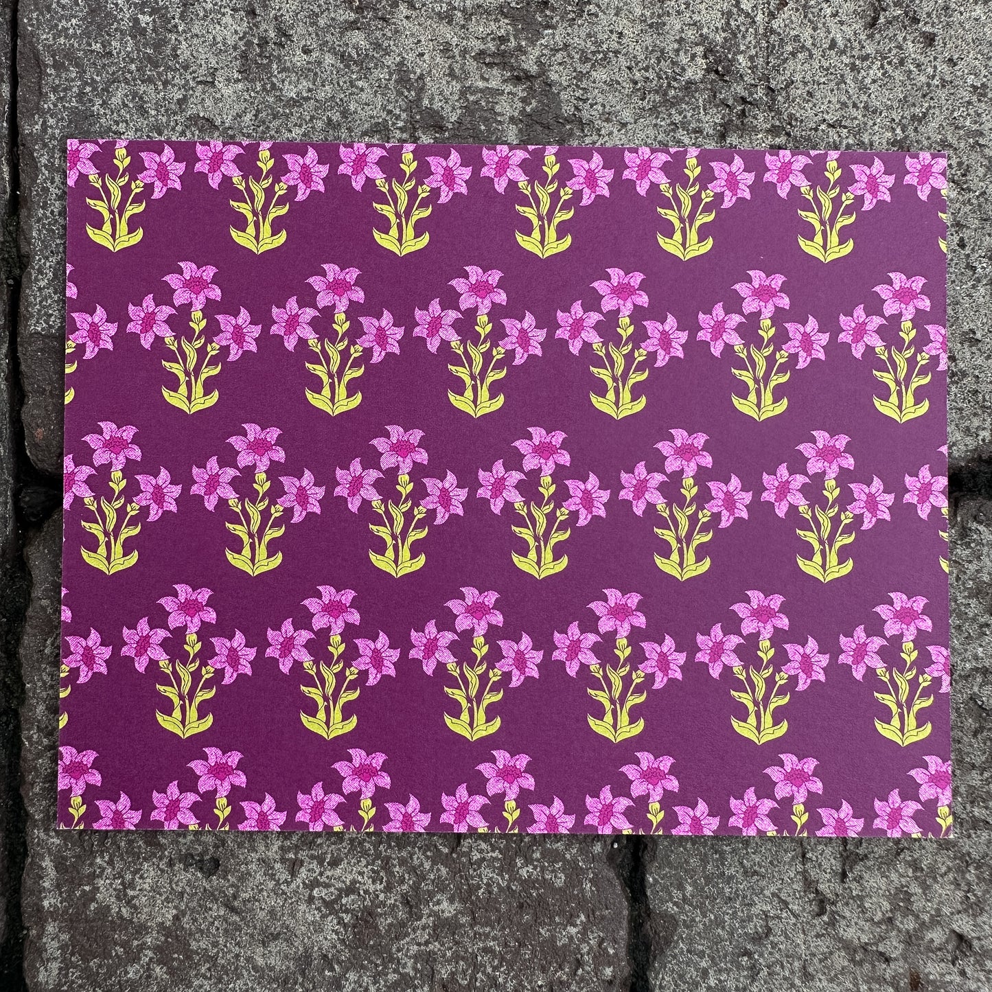 Personalized Stationery - Floral Block Print - Charteuse and Cranberry