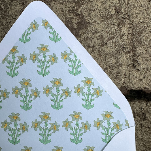 Personalized Stationery - Floral Block Print - Light Blue + Spring Green