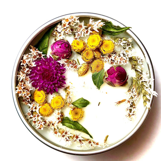 "Wildflowers" Botanical Soy Candle with flowers: 4 oz.